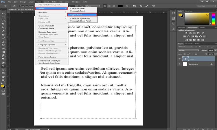 Utilizing the Glyphs panel